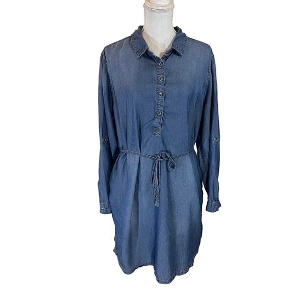 Time and Tru Chambray Shirt Dress XL Waist Tie Long Roll Tab Sleeves Knee Length - Picture 1 of 7